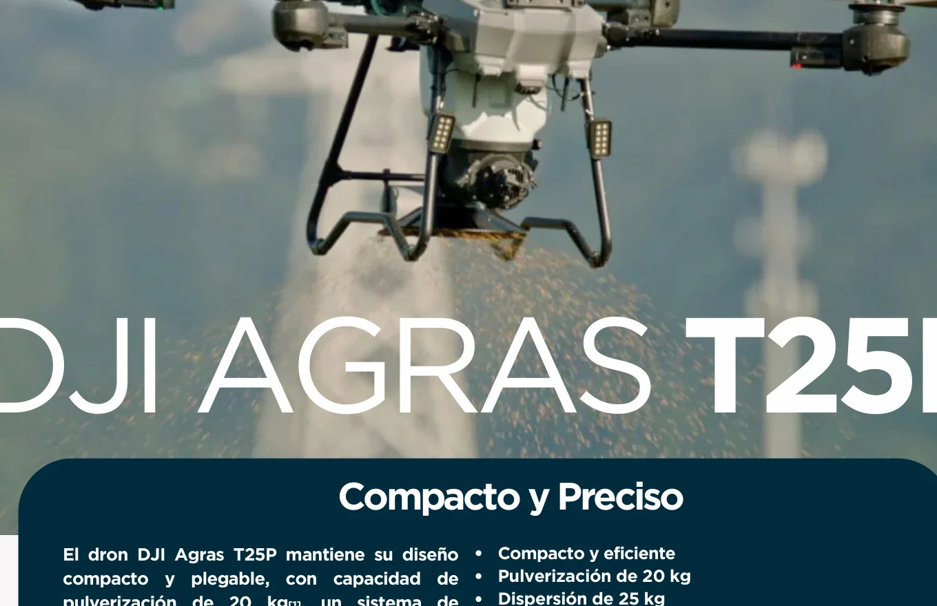 DJI Agras T25P en vuelo de pulverización agrícola
