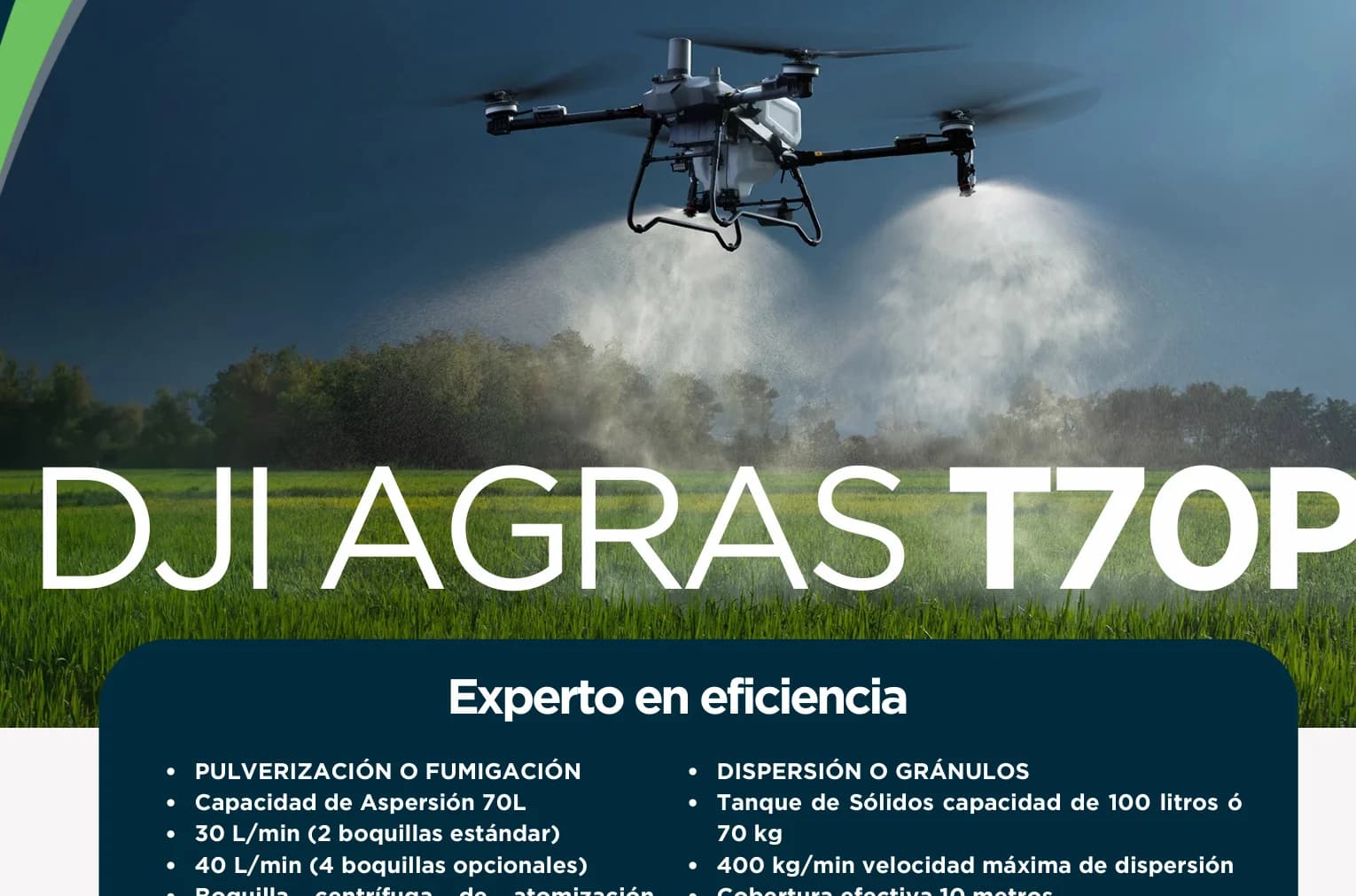 DJI Agras T70P listo para despegue en campo agrícola