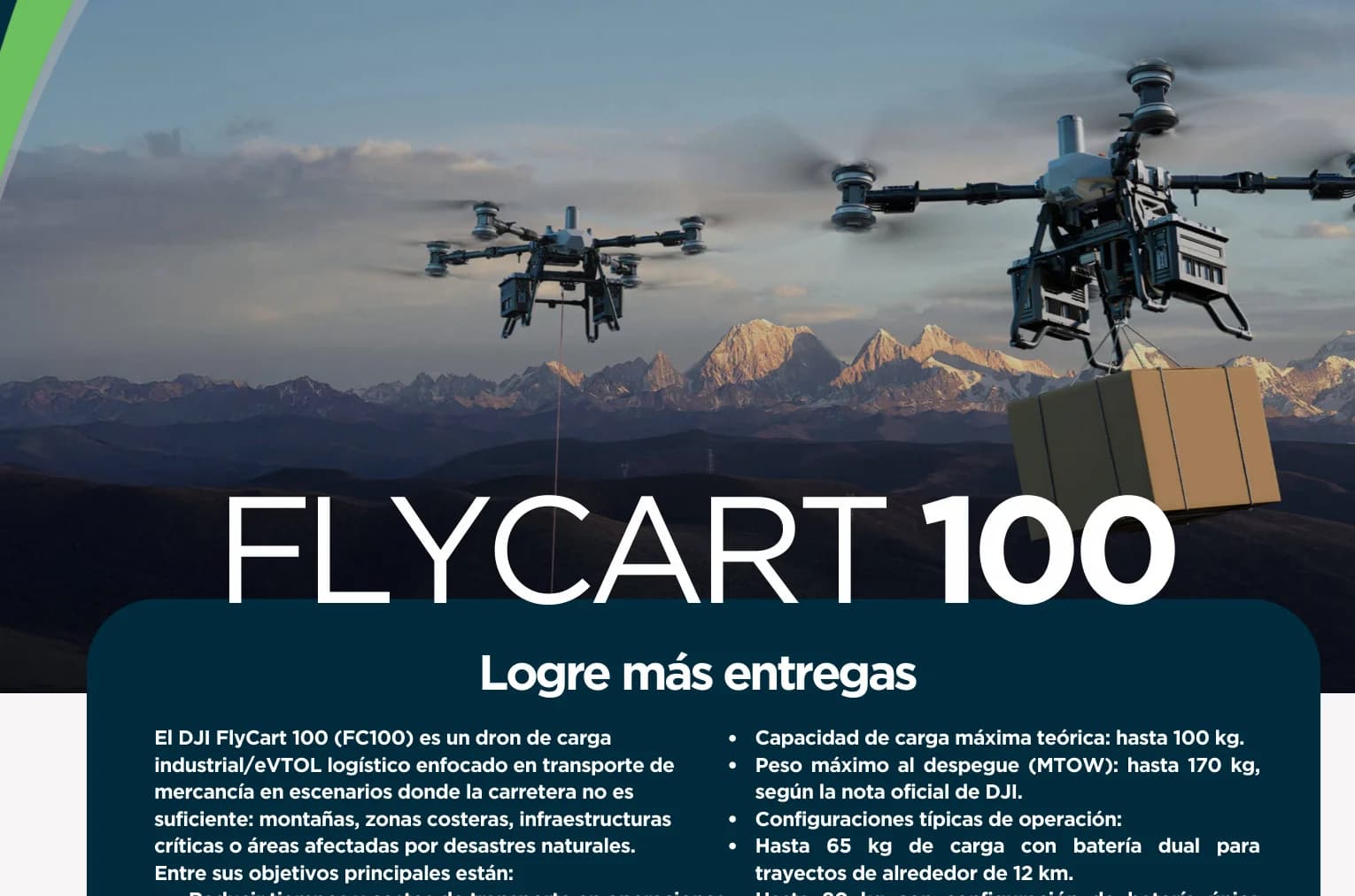 DJI FlyCart 100 realizando transporte aéreo de mercancías